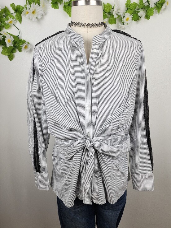 Worthington Tops - Worthington Striped Knot-Front Long Sleeve Shirt - Black/White Sz XL